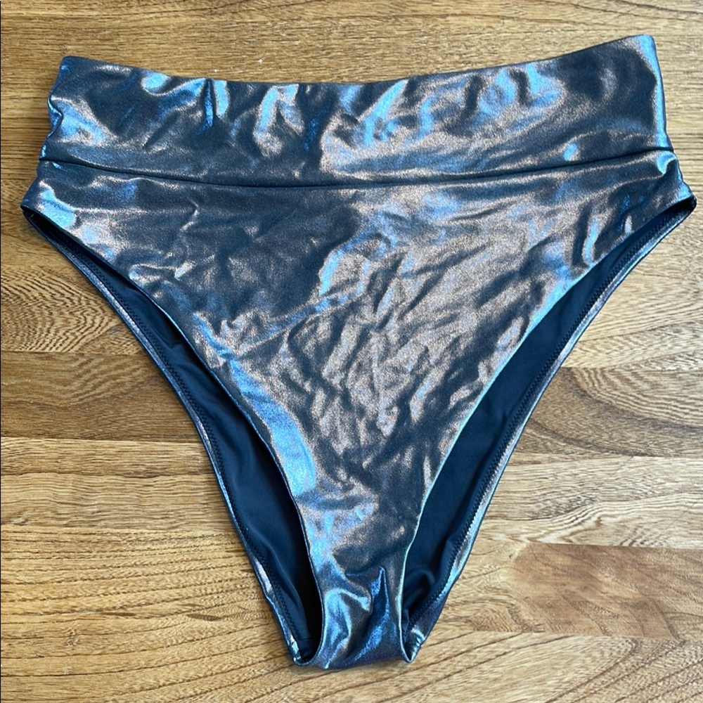 Metallic Blue High-Waisted Bikini Bottom